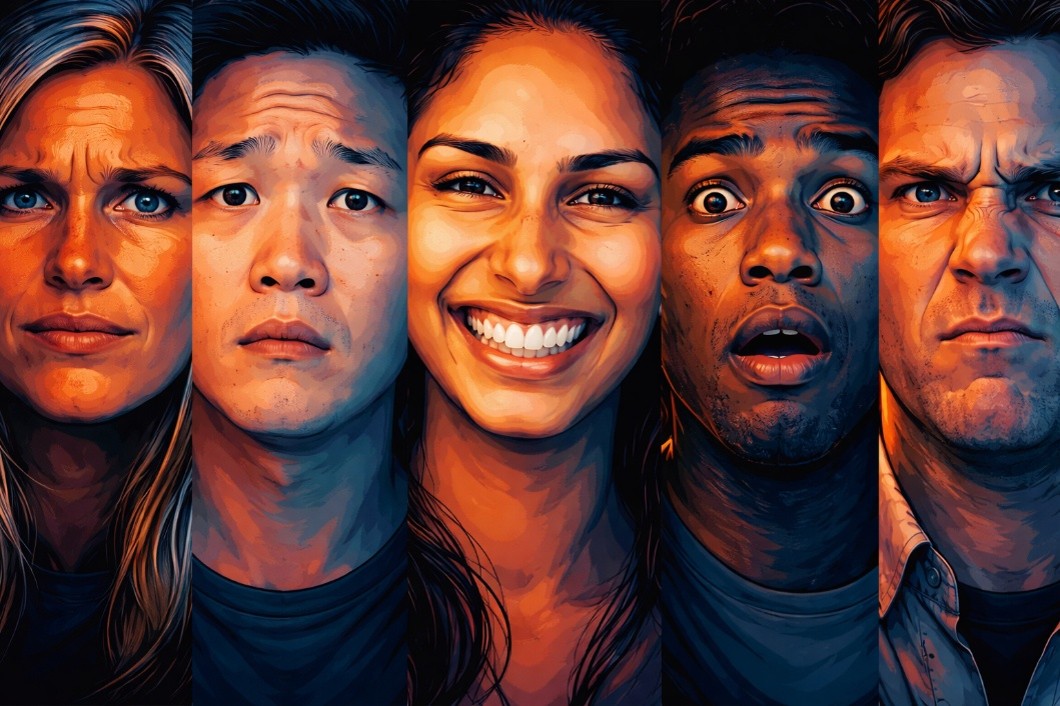 Diverse people express emotions